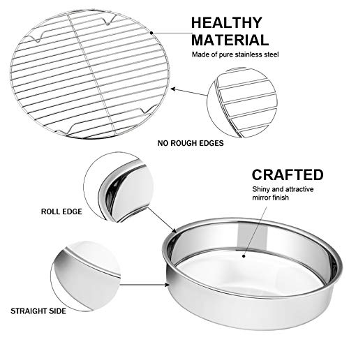 E-Far 8-Inch Round Cake Pan With Rack Set, Stainless Steel Cake Pans Tins And Baking Cooling Racks, Non Toxic & Healthy, Mirror Polished & Dishwasher Safe - 4 Pieces (2 Pans + 2 Racks) #TOP2
