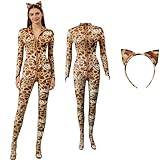 Holiberty Long Sleeve One Piece Bodysuit Zipper Jumpsuit with Headwear Womens Sexy Catsuit Leopard Cat Cosplay Costume Uniform