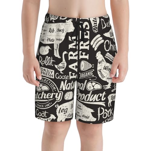 Boys Swim Trunks Farm Animal Silhouette Butchery Retro Kids Swim Shorts Quick Dry Beach Board Pocket3