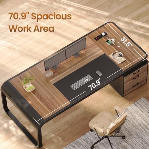 Image of Itaar 70.9 inch Executive Desk, Large Computer Desk with Drawers and Lateral File Cabinet, Office Desk with Removable Shelves, Business Furniture Desk Workstation for Home Office, Walnut