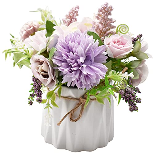 Set di bouquet di rose artificiali, set di rose viola Vaso di ceramica Fiore di rosa Pianta artificiale Vaso di fiori finto Vaso di fiori di ortensia finto Decorazione di nozze per feste