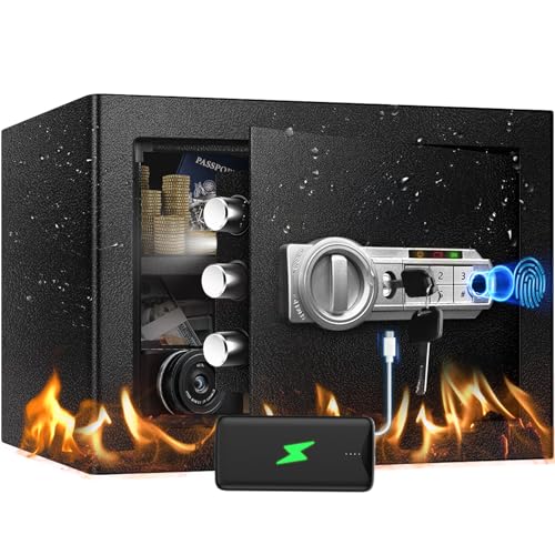 VaultHex Caja fuerte de huellas dactilares con cerradura de combinación de teclado digital eléctrico, caja de seguridad biomética para documentos del hogar, estante extraíble, luz LED, caja de