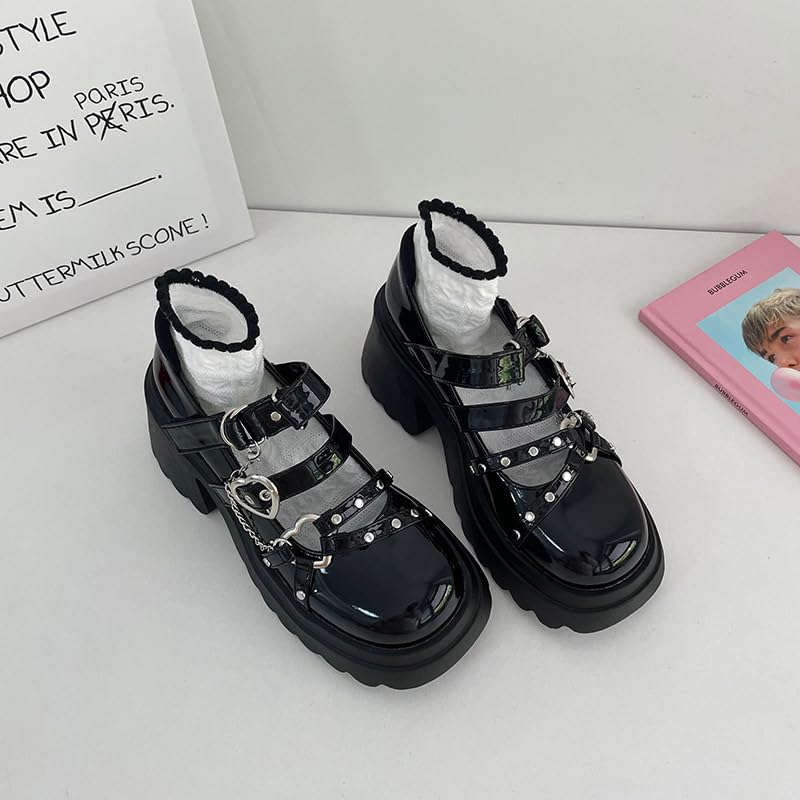 Grunge Mary Jane Platform Black Heels Cute Punk Emo Y2K JK Lolita Shoes with Metal Buckles Rivets Heart Chains Charms for Teen Girls Chunky Kawaii Sandals for Daughter Streetwear Back to School2