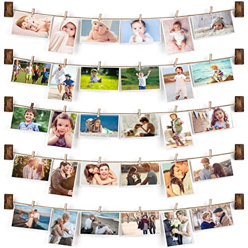 Emfogo Hanging Photo Display, Wood Picture Photo Frame For Wall Diy Decor 5 Strings With 30 Clips, Adjustable Twines Fit Multi Pictures Frames Collage Organizer 35 X 35 Inch #TOP19
