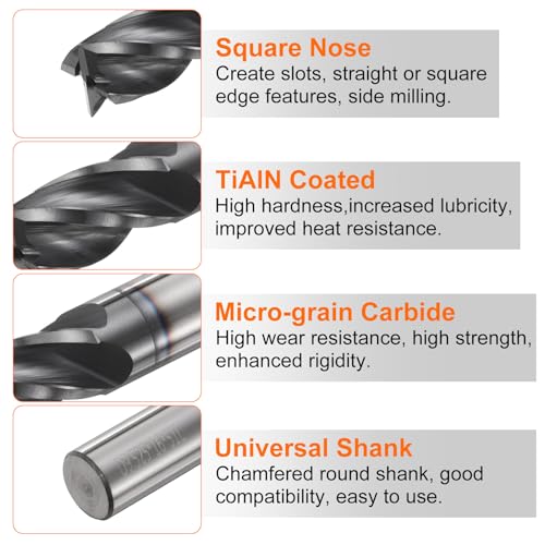 Image of HARFINGTON Carbide Square Nose End Mill Bit 3 /8 inch Cut Dia 4 Flutes TiAlN Coated Milling Cutter for Hardened Steel Metal (3 /8 inch Shank 5 /8 inch Cut Length 2 inch Long 30 Degree Helix)