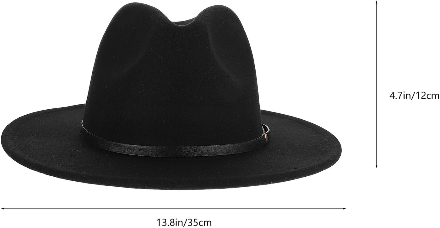 Wide Brim Fedora Hat for Women, Classic Woolen Flexible Felt Fedora with Leather Buckle, Black Ladies Flat Crown Jazz Style Cap for Outdoor, Party, and Casual Wear
