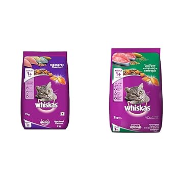 Whiskas Adult (+1 Year) Dry Cat Food, Mackerel Flavour, 7kg Pack and Adult (+1 Year) Dry Cat Food, Tuna Flavour, 7kg Pack