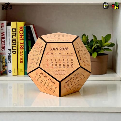 Image of Gift Kya De 2026 Wooden Pentagon Desk Calendar | Premium 3D Big Size Table Calendar | Bamboo Wood Eco-Friendly Office Desk Decor | Unique Corporate Gift | Made in India (8x8 inch big size)