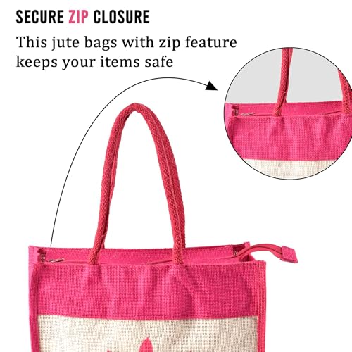 Image of Kuber Industries 3 Pcs Jute Medium Shopping Bag for Women with Handle | Reusable Carry /Shopping Bag for Grocery | Sunflower Print - Cream & Pink