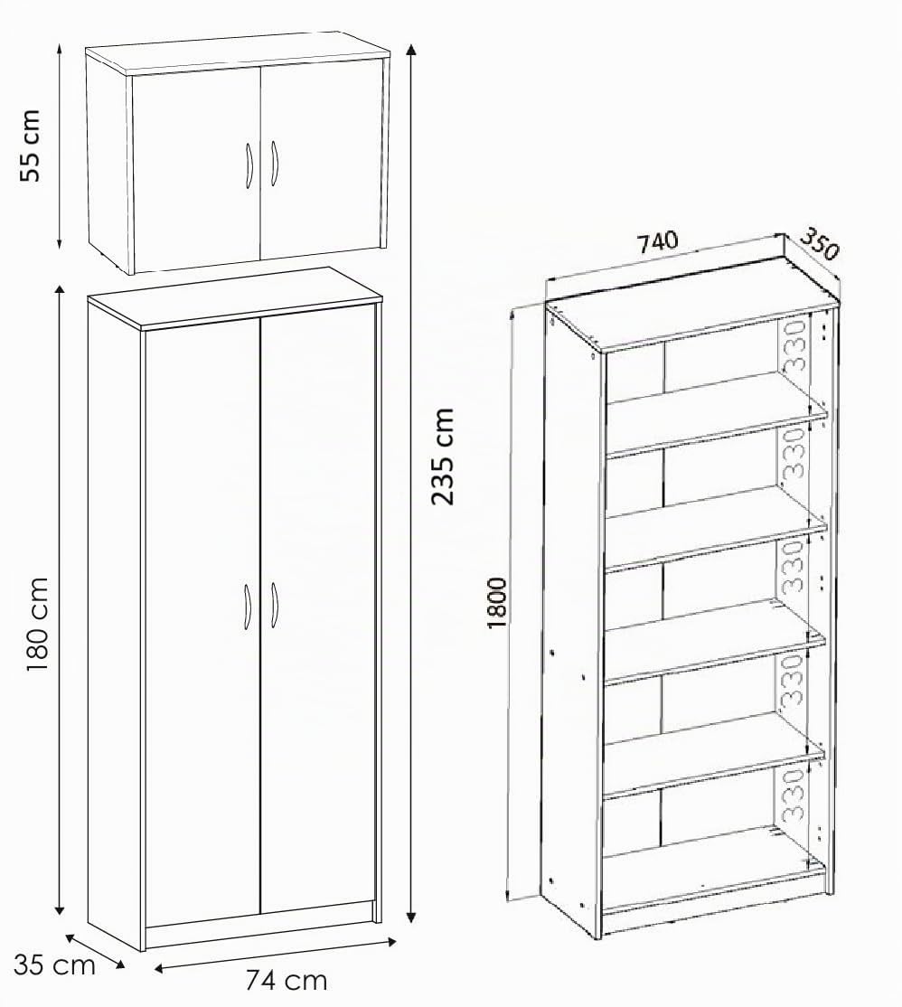 Armadietto alto da ufficio Armadietto multiuso, con 4 ante e 7 scomparti, 235 x 74 x 35 cm (Bianco)