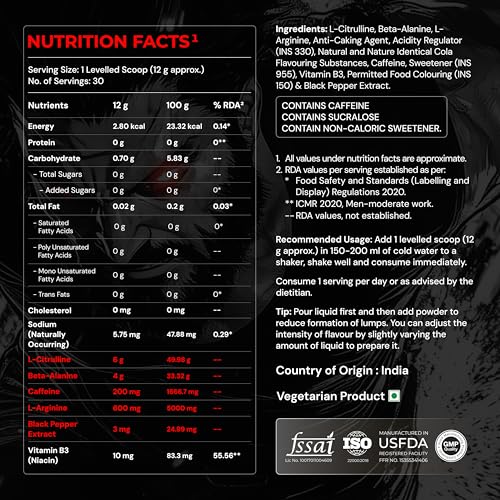 Image of Nutrabay RageX Pre Workout Supplement Powder - 360g, Cola | 200mg Caffeine, 4g Beta-Alanine, 6g L-Citrulline, 600mg L-Arginine, & Black Pepper | Muscle Pump & Performance