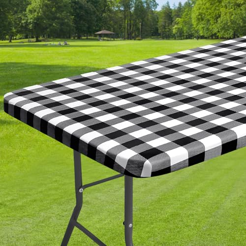 Dremisland Waterproof Rectangular TableCloth Elastic Edged Fitted Vinyl Black White Table Cover with Flannel Backing Wipeable PVC Table Protector Cover for Dinning Room Kitchen Picnic Party