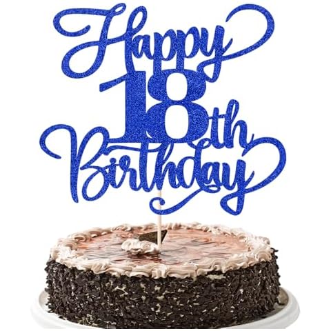 YUINYO Glitter Happy 18th Birthday Cake Topper,Hello 18，Cheers to 18Years,18th Anniversary Cake Topper boy girl 18 years old birthday Party Decor (18th, blue) Cover