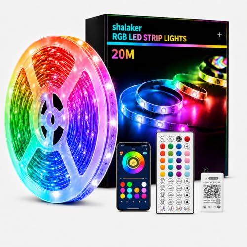 shalaker 20M RGB LED Strip Lights for Bedroom Music Sync Colour Changing LED Tape with Bluetooth App & Remote 16M Colours Dimmable Timing Mode Self-Adhesive for Home Party Kitchen Decor