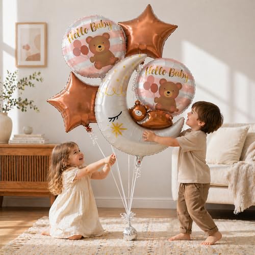 Image of Rozi Decoration Hello Baby Teddy Bear Moon Foil Balloon Set with Star & Round Balloons, 5 Pcs Baby Shower Decoration Kit for Welcome Baby Celebration