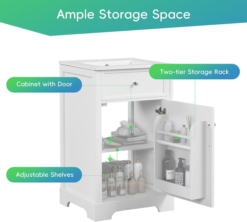20" Bathroom Vanity Cabinet, Modern Freestanding Bathroom White Small Bathroom Storage Cabinet with Sink Combo and Adjustable Shelve for Small Space (20"× 18"×34")