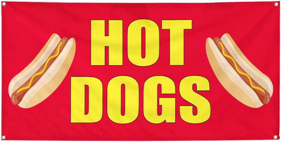 Vinyl Banner Multiple Sizes Hot Dogs Food Fair Caf Restaurant Bar Restaurant & Food Outdoor Weatherproof Industrial Yard Signs Red 4 Grommets 24x36Inches