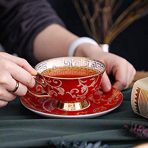 Ybk Tech Euro Style Bone China Cup& Saucer Set, Ceramic Tea Coffee Cup For Home Kitchen Wedding (Retro Flower Pattern- Red) #TOP2