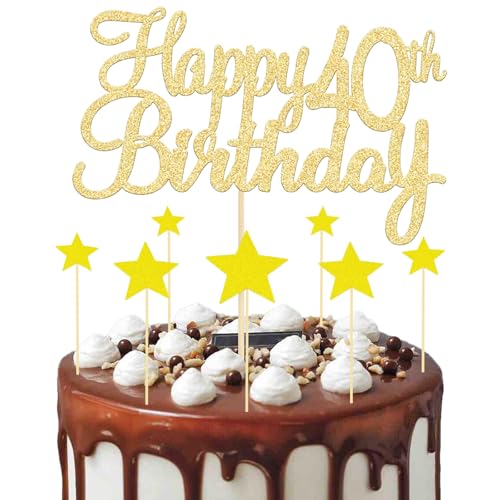 8 Pezzi Topper per Torta per 40° Compleanno Oro, 1 Decorazione di Happy 40th Birthday e 7 Cake Topper a Stella, Decorazione Torta 40° Compleanno per Festa Anniversario 40° Compleanno Supplementi