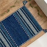 サヤンサヤン 手織り 幾何学柄 アジアン 玄関マット 屋内 室内 インドキリム 50x80 ブルー