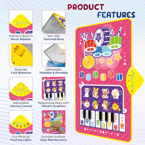 Image of 3-in-1 (Cat & Unicorn) Piano Mat for Toddlers, Piano & Drum Mat with 2 Sticks, Featuring Animal, Piano Sounds, Educational Toy for 12 Months+,Ideal for 1-3 Year Toddler - Pink