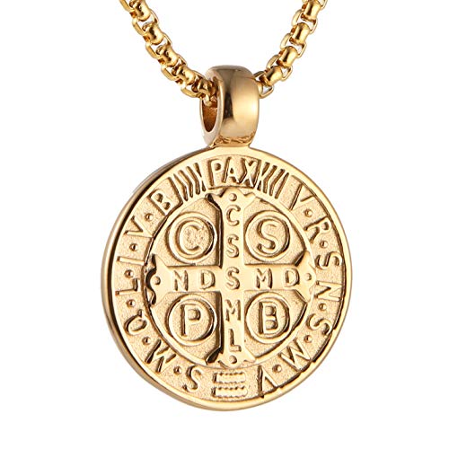 AsAlways St Benedict Necklace for Men Women Stainless Steel Retro Catholic Roman Cross Exorcism Round Medal Pendant Necklace Talisman Jewelry Gift3