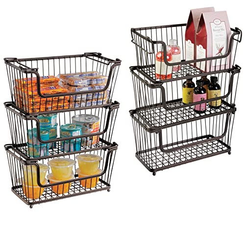 Mdesign Stackable Metal Basket For Kitchen Storage - Wire Farmhouse Bin Basket W/Handles For Pantry - Stacking Wire Basket Organizer For Food, Drinks, Snacks - Hyde Collection, 6 Pack, Bronze #TOP6