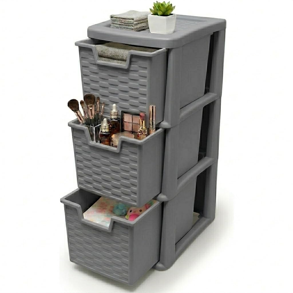 ZYORA Medium Plastic Storage Drawers Unit,Rattan Effect Compact Vertical Organizer Drawers, Plastic Drawers Storage and Organization for Home, Office, Crafts & Household Use (Grey/Rattan, 3-Tier)