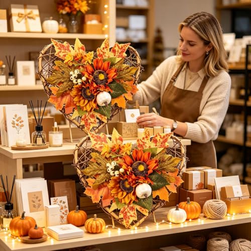 Wreaths for Front Door, 11 Inches Autumn Theme Rattan Weaving Love Framework Simulated Flower Material Fall Decorations,Convenient Suspension Rich Usage Scenarios Fall Decorations for Home Outdoor - image 3