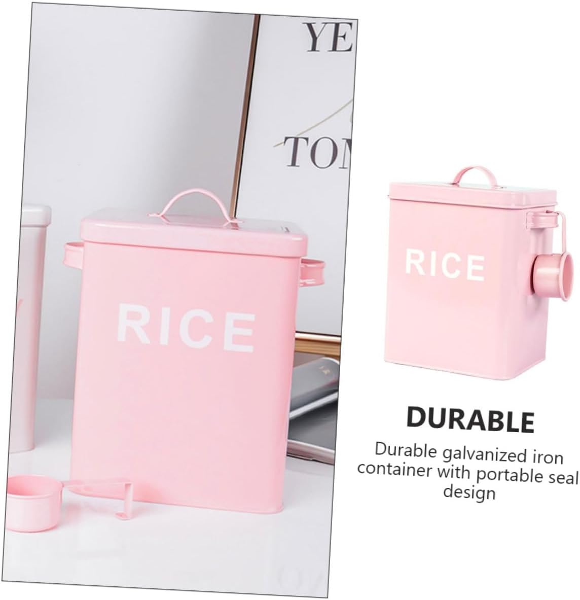 Pet Food Storage Bucket with Measuring Scoop Airtight Iron Rice Container Moisture-proof Large Capacity Pink for Cat and Dog Food Household Sealing Bin