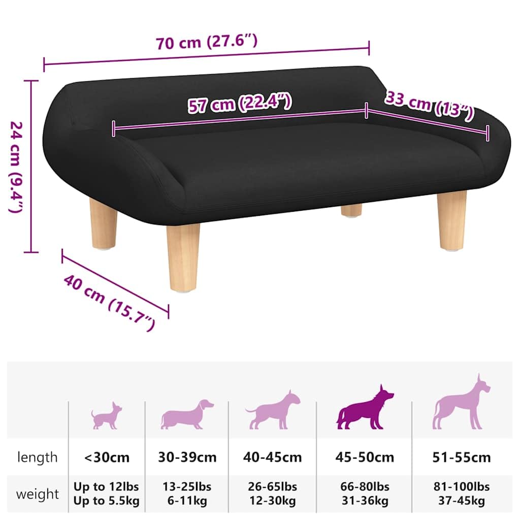Cómoda cama para perros para salón con patas de madera maciza, sofá para perros de tela y espuma en negro, 70 x 40 x 24 cm