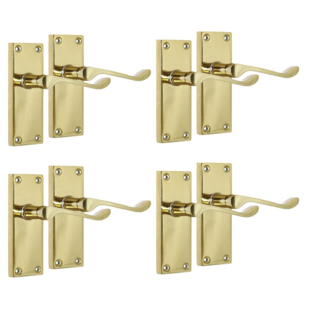 Epsom Door Handle Yellow Brass Plated Scroll Door Handle Set - Victorian Style Internal And External Lever Door Handles With Backplate 118Mm X 42Mm Sets (4 Pair Of Handles)