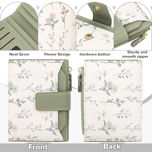 Small Wallet Womens Green Flower Cute Wallet for Women Slim Change Purse for Ladies Bifold Wallet Womens With Zipper Coin Pocket Purses Card Holder for Women2