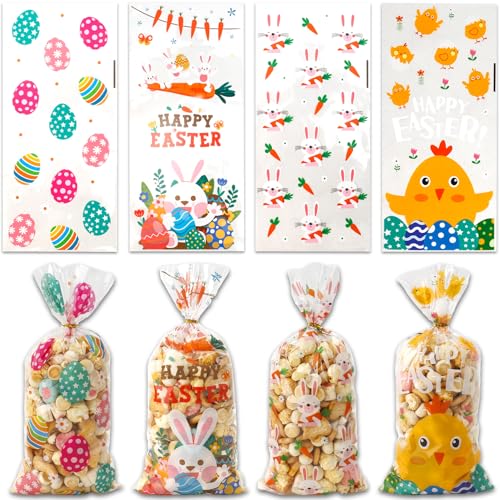 100 Pièces Sachet Paques Sachet Bonbon Pâques Enfant Sac Cadeau Transparent Cellophane Pochette Plastique Emballage Avec Attaches Torsadées Pour Les...