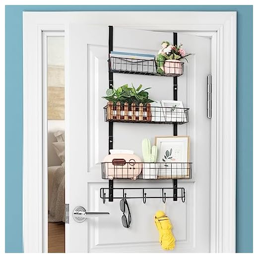 Organizador de 3 camadas para pendurar sobre a porta, rack de temperos para porta de despensa, suporte de armazenamento atrás do cabide de porta com 3 cestos de metal e 5 ganchos para cozinha Barthroom preto