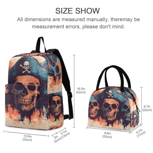 Backpack Lunch Box Set Large Capacity Travel Backpacks and Insulated Lunch Bag for Commute Hiking Picnic Skulls Pirates Print2