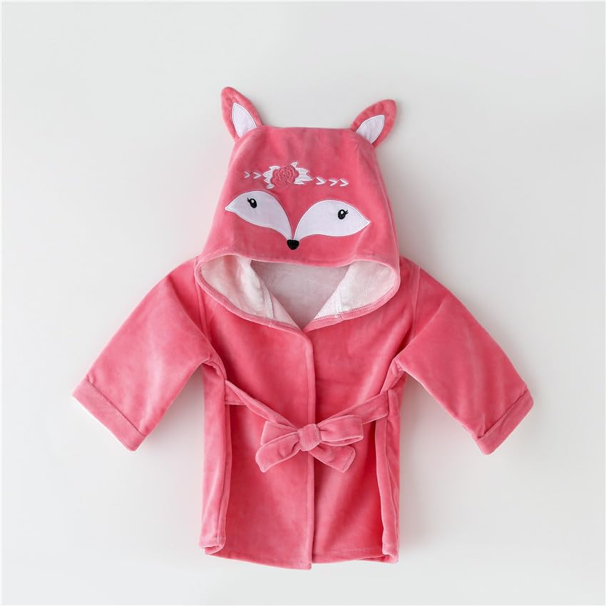 Image of Fox Baby Girl Bathrobes Cute Girl's Robe With Hood Pink Towel For Girls Soft Hooded Ultra Absorbent (Pink Fox)
