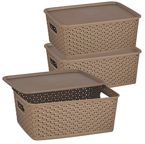 Image of SKI H1 Fashion Multipurpose Storage Basket with Lid Set 3 -Size 26cm *11 cm *20cm (Small, Sandstone)