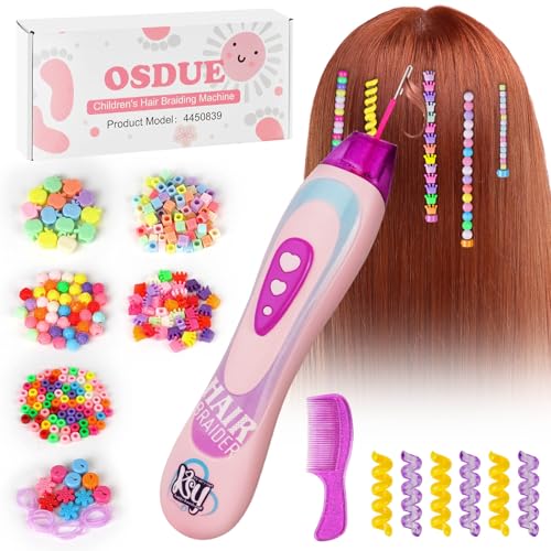 OSDUE Trenzador de Pelo Automático,Kit Juego de Joya para el Cabello Máquina Hair Bedazzler Accesorios de Peinado DIY Divertido Kit de Decoración con Peines, Regalos Niñas 5 6 7 8 9 10 Años,Rosa Roja