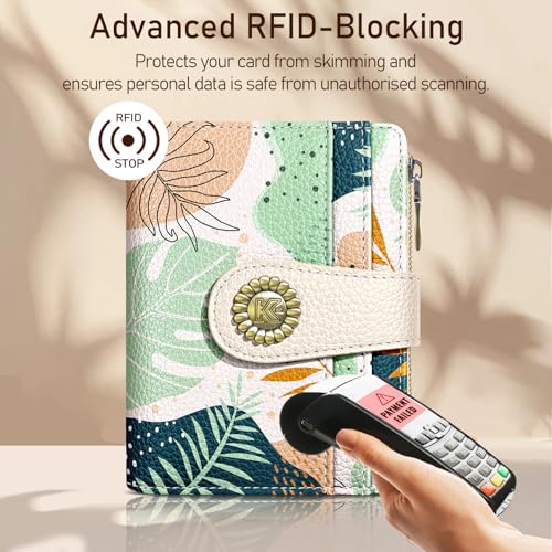 Image of Kelvoris Boho Leafs Abstract Art Small Rfid Women Wallet Bifold Zipper Coin Pocket PU Leather Compact Cash Credit Card Holder Travel Wallet for Female Ladies Teen Girls 1 ID Window 10 Card Slots