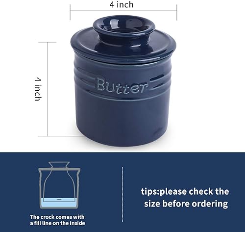 Miniatura 3 de KOOV Mantequilla de porcelana, plato de mantequilla francesa, manteca de cerámica para mostrador, gran capacidad, elegante colección azul (Aegean)