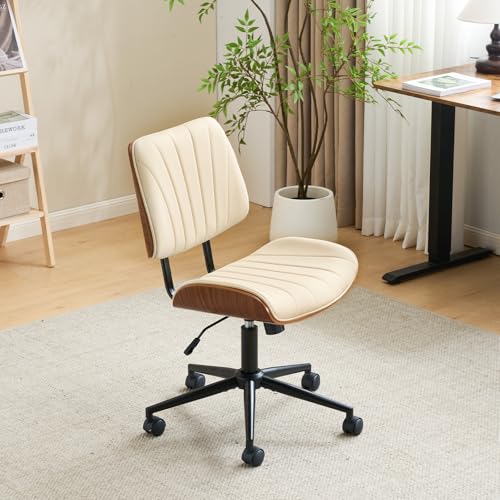 Bonnlo Stylish Walnut Vanity Chair, Dressing Table Chair with Wheels, Wide Curved Seat & Back Armless Ergoromic Adjustable-Height Home Office Desk Chair Perfect for Office, Bedroom, Khaki