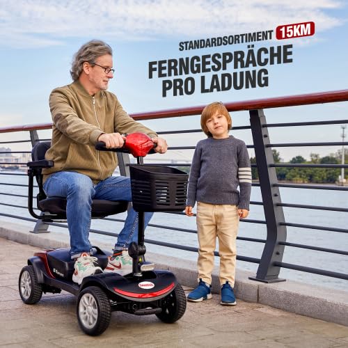 Scooter de movilidad 6 km/h para mayores, 4 ruedas, motor 300 W, carga 136 kg, batería extraíble, asiento 360°, luz LED, rojo