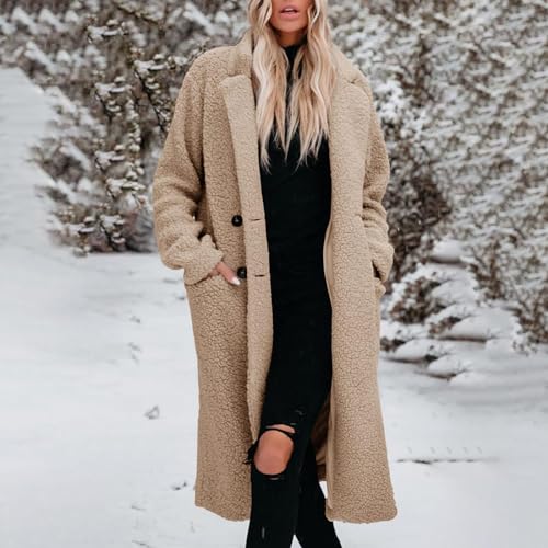 Womens Fuzzy Fleece Jacket Sherpa Trench Coat Trendy Double Breasted Open Front Long Cardigan with Pocket S-XXL2