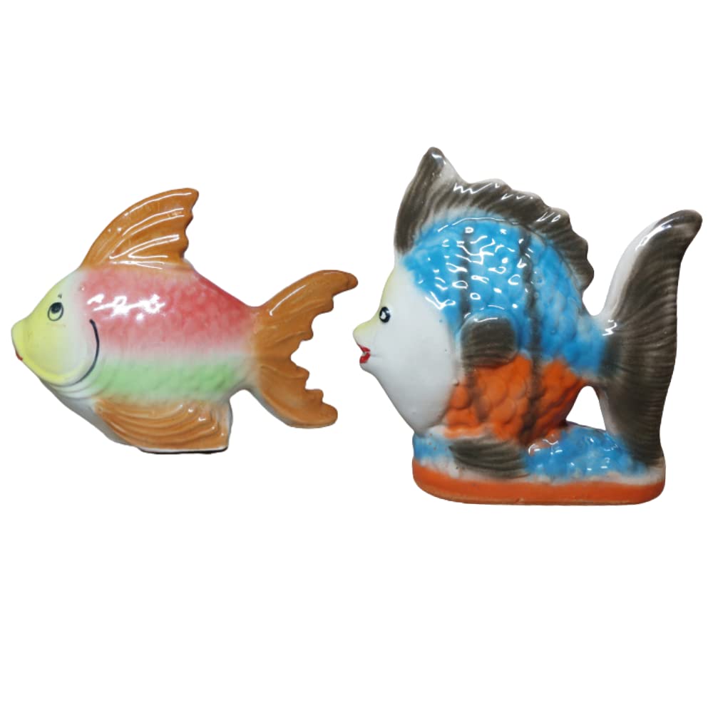 Ceramic Fish Figurine for Good Luck and Gifts | Handcrafted Fish Statue Sculpture for Home and Office Decorations | Showpiece Vastu for Living Room (Set of 2) (Red, Blue) (15cm, 17cm)