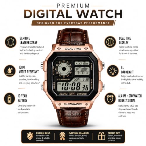 Image of Digital Watch for Men Square Dial Brown Leather Strap Rose Gold Case