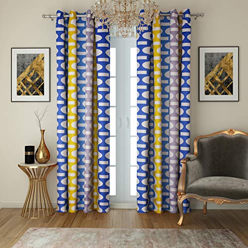 Image of Swayam 80% Blackout Polyester Long Door Curtain for Living Room & Bedroom | 9 Feet | Room Darkening Curtain with Eyelets | Pack of 2 | Geometric Design - Blue & Yellow