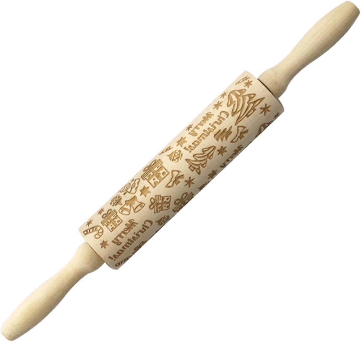 TIDTALEO Christmas Rolling Pin Christmas Embossing Roller Wood Rolling Embossed Dumpling Roller Shell Spoon Solid Wood Pin 3d Rolling Pin Christmas Party Decor Wooden Noodle Press Major