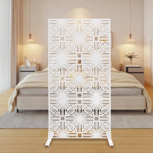 Outdoor Privacy Screen with Stand 71.5' H×36' W Flower Decorative Screen Panel, Modern Freestanding Privacy Fence Screen for Patio Balcony Deck Garden Backyard (White, Flower)