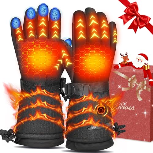 Powate Guantes calefactables para hombre y mujer, guantes de esquí climatizados de 3 niveles con 7,4 V 22,2 WH baterías recargables 10 horas de funcionamiento, impermeables para escalada, ciclismo,